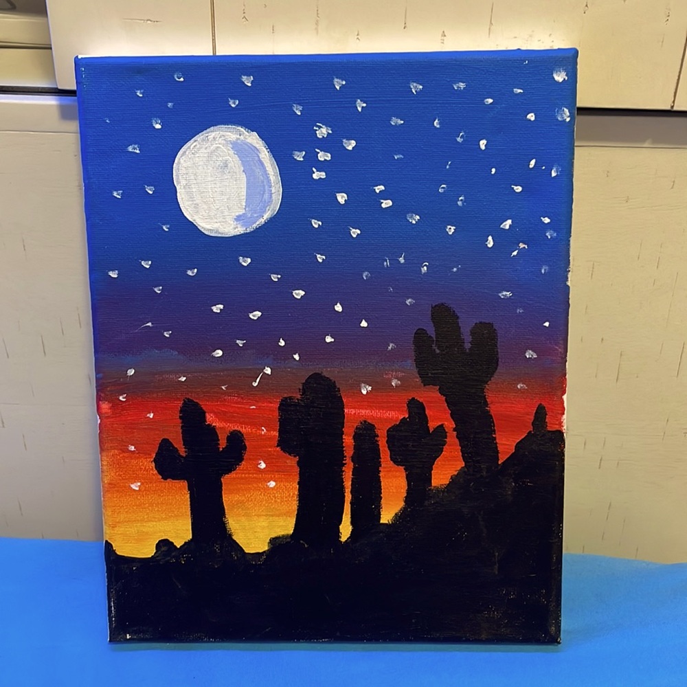 Painting on canvas. Colors:blue,purple,red,orange,yellow,black,white